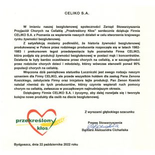 40-lecie ruchu bezglutenowego – list z podziękowaniami od Stowarzyszenia Przyjaciół Chorych na Celiakię "Przekreślony Kłos" dla firmy Celiko.