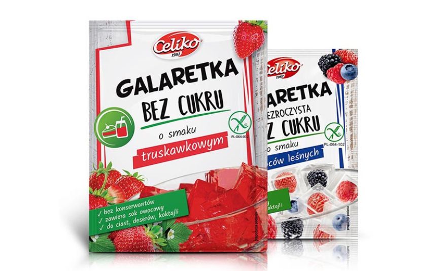 Galaretki bez cukru Celiko – truskawkowa i o smaku owoców leśnych.